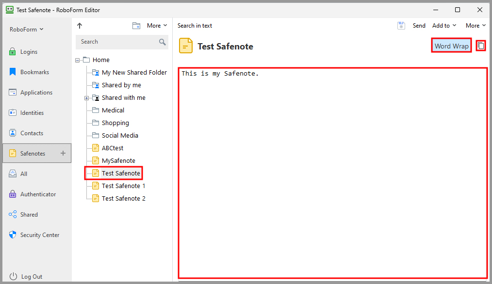 options for a Safenote in the RoboForm editor