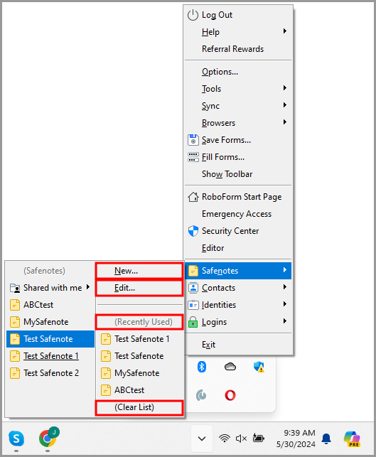 the Safenote options in the RoboForm taskbar icon’s menu