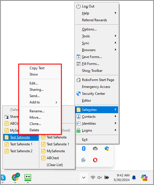 the available options for an individual Safenote in the RoboForm taskbar icon’s menu.