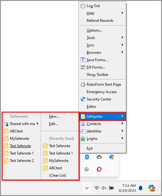 the Safenotes menu in the RoboForm taskbar icon’s menu.