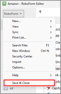 the Save & Close option within the RoboForm menu in the RoboForm editor