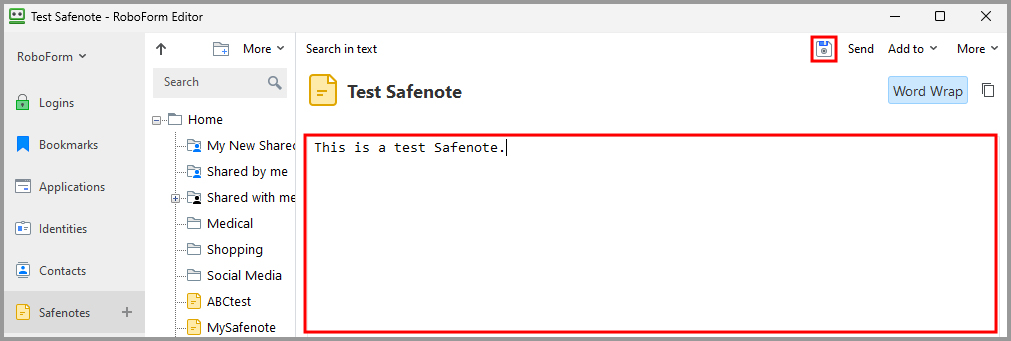 a Safenote ready to be saved in the RoboForm editor.