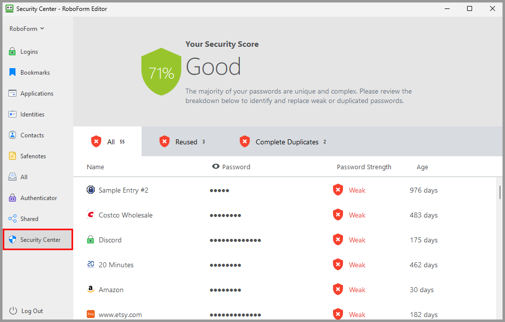  the Security Center tab in the RoboForm editor.