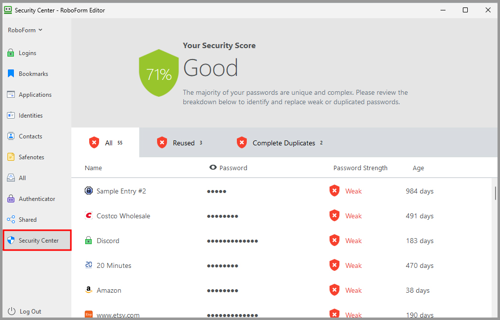 the Security Center tab in the RoboForm editor