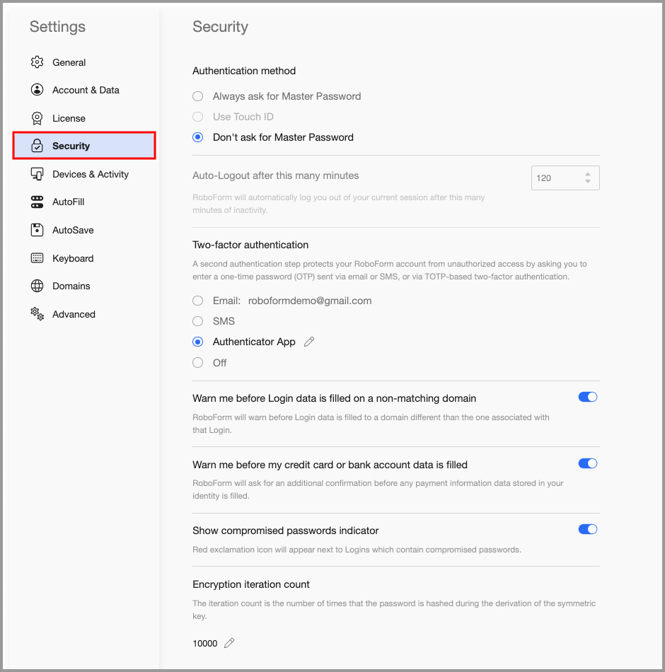 the Security tab in the RoboForm Extension Settings menu.