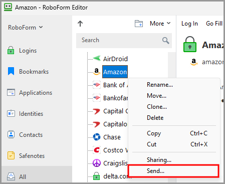 showing the option to send a RoboForm item from the RoboForm editor.