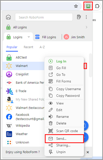 showing the option to send a RoboForm item from the RoboForm extension.