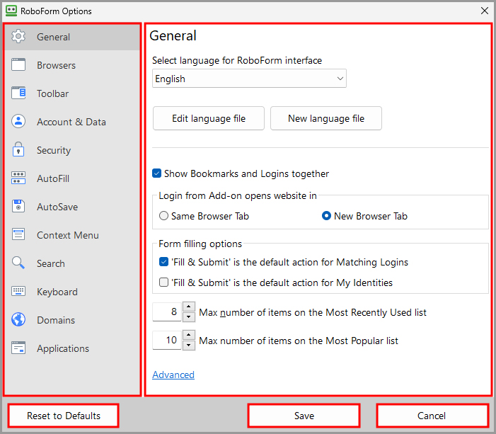 showing the layout of the RoboForm Options page