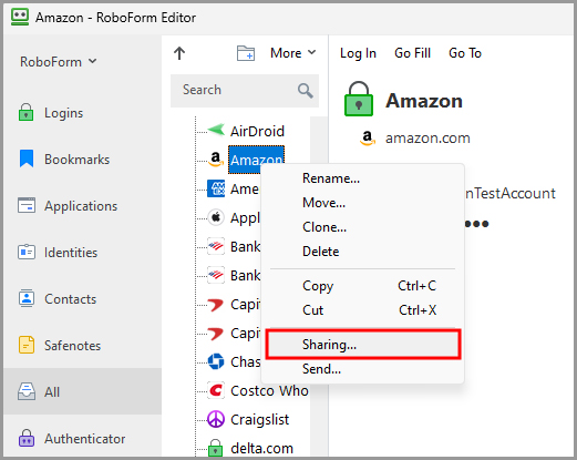 showing the option to share a RoboForm item in the RoboForm editor