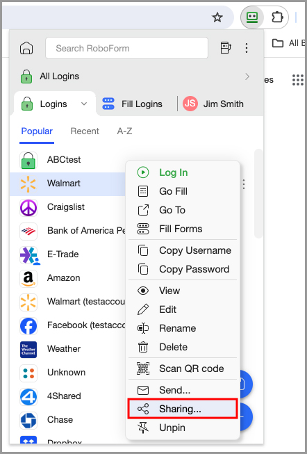 showing the option to share a Roboform item in the RoboForm extension