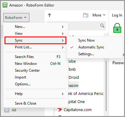 the Sync menu in the RoboForm editor.