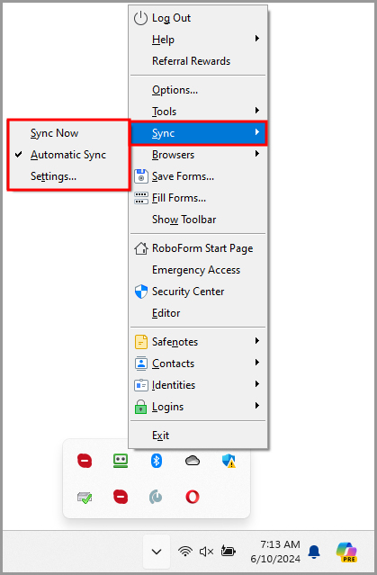 the Sync menu in the RoboForm taskbar icon’s menu.