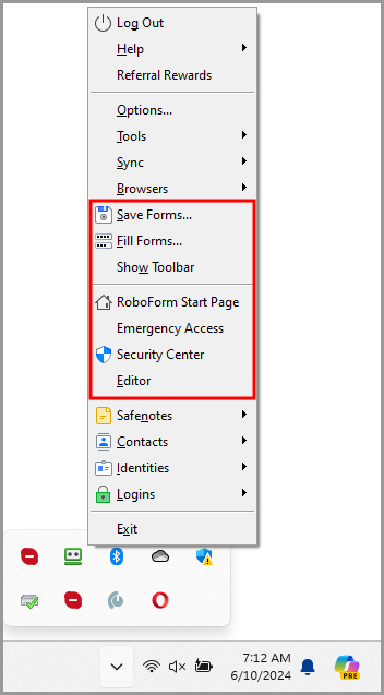 various other options in the RoboForm taskbar icon’s menu.