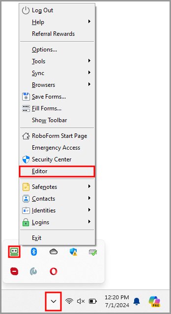  the option to open the RoboForm editor from the RoboForm taskbar icon’s menu