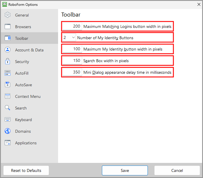 the Toolbar tab on the RoboForm options page.