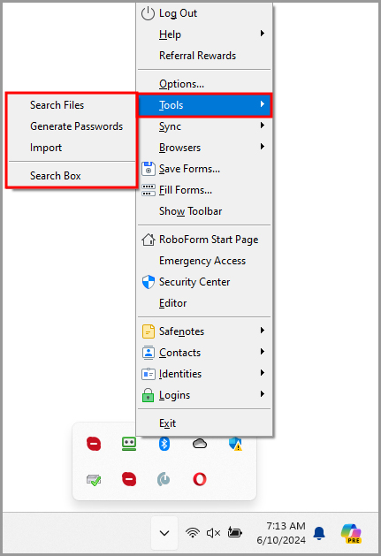 the Tools menu in the RoboForm taskbar icon’s menu.